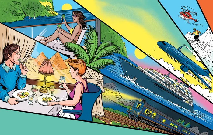 Colorful collage with couple dining, tropical beach, cruise ship, plane, and helicopter