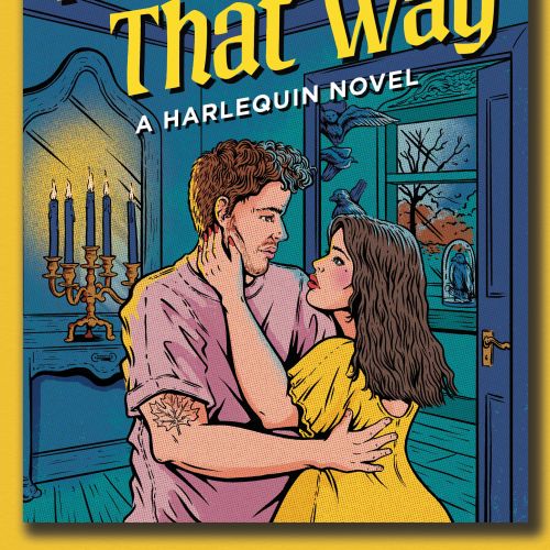 Couple embracing by door with chandelier, book cover by Cat Sims