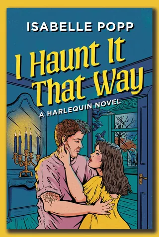 Couple embracing by door with chandelier, book cover by Cat Sims