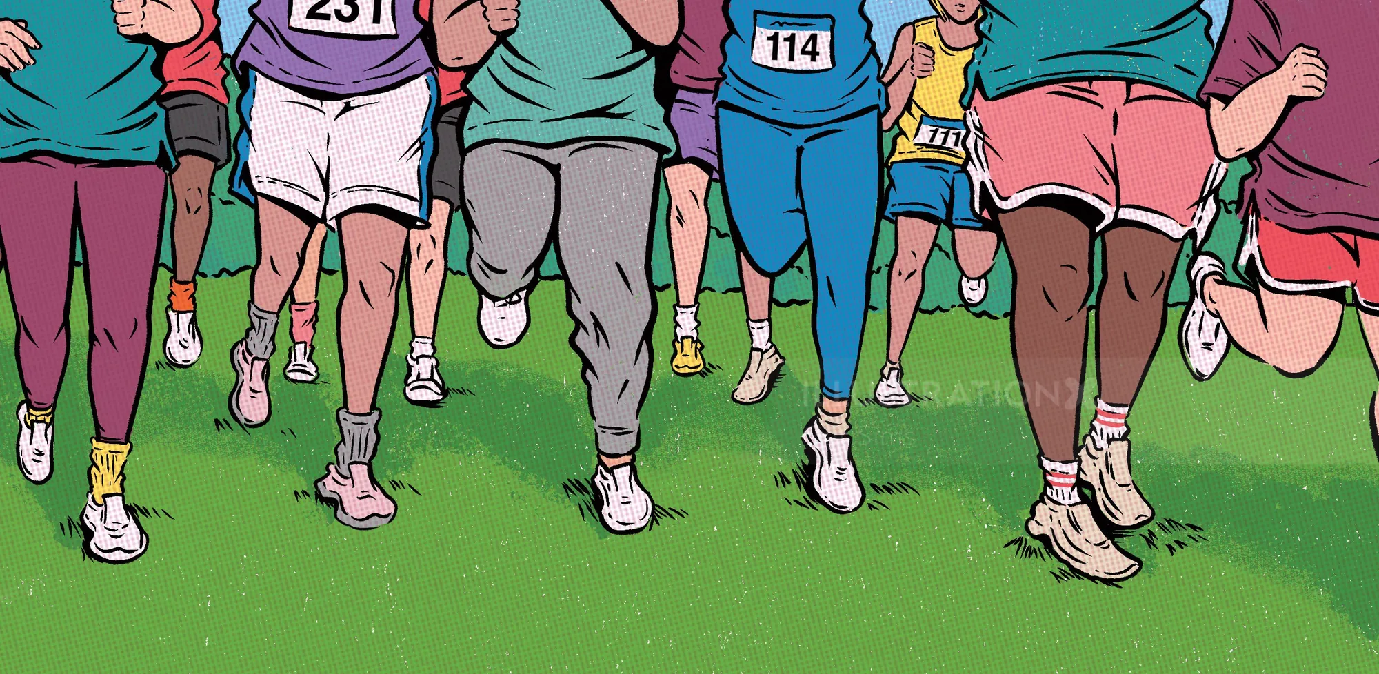Runners with race numbers running on grass field, artwork by Cat Sims