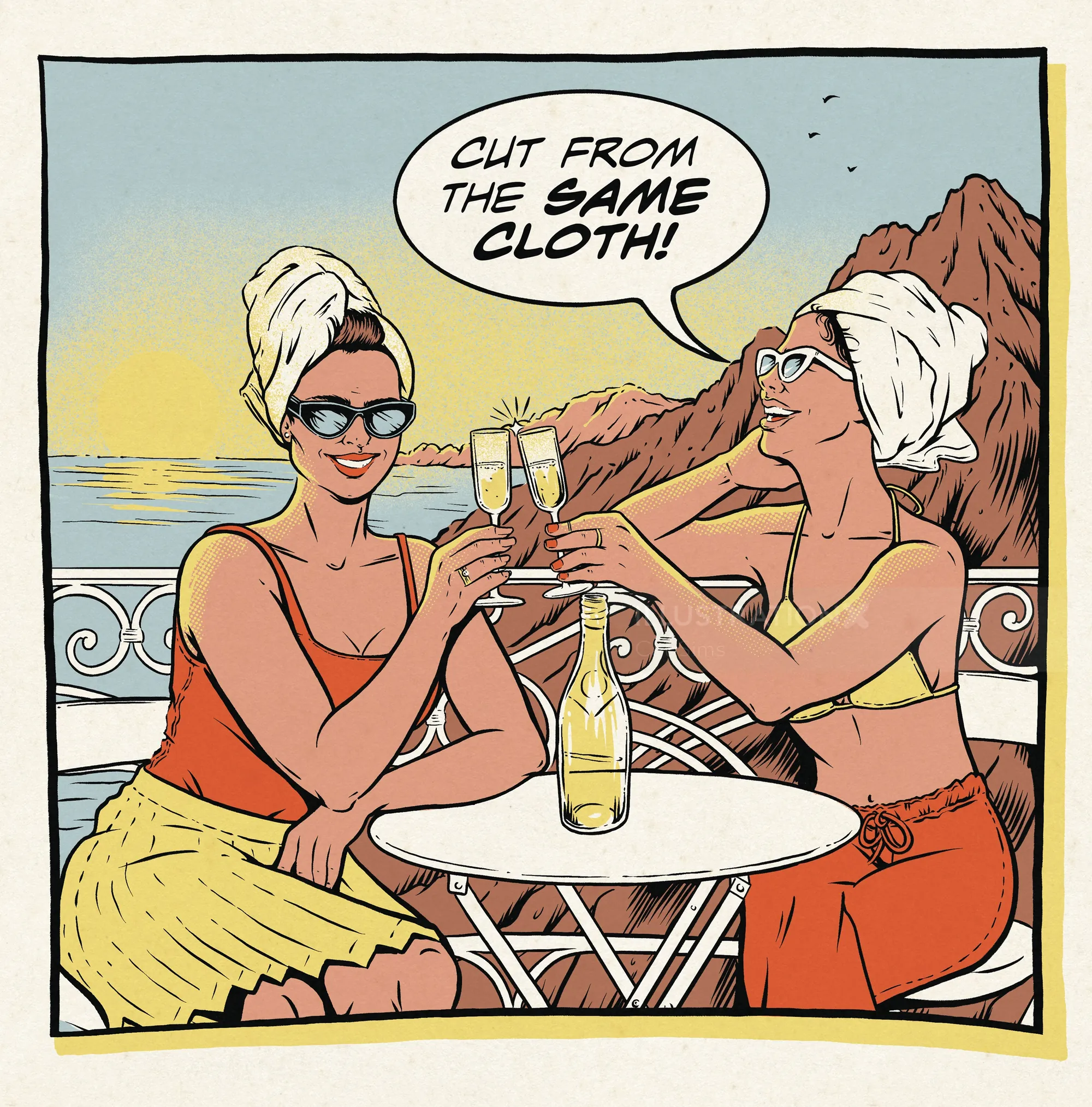 Two women with towels on heads toasting with champagne by ocean at sunset by Cat Sims