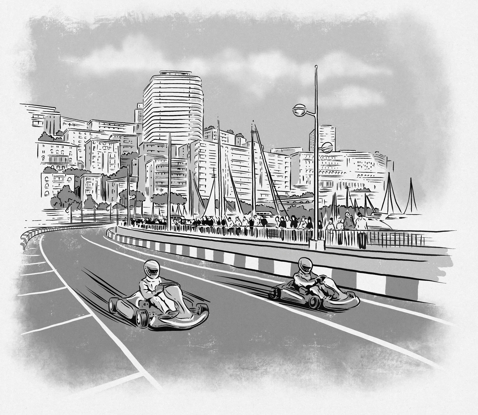 Black and white illustration of go-kart racers on city street by Cat Sims
