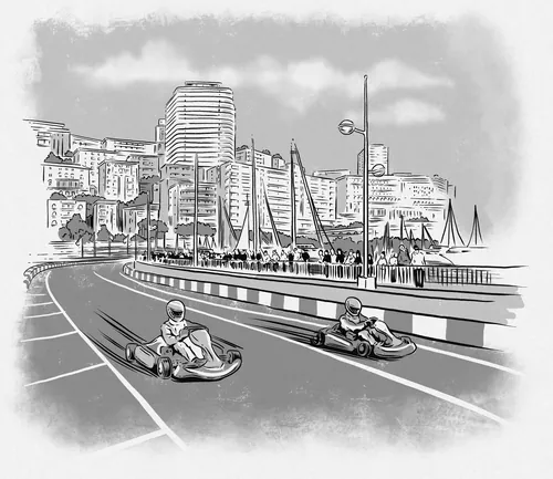 Black and white illustration of go-kart racers on city street by Cat Sims