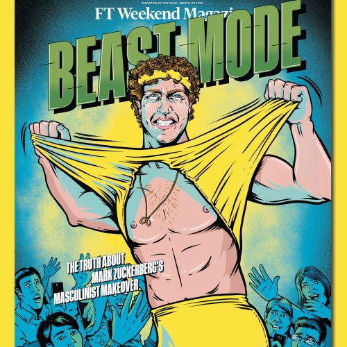Illustration of a man tearing shirt with crowd cheering by Cat Sims
