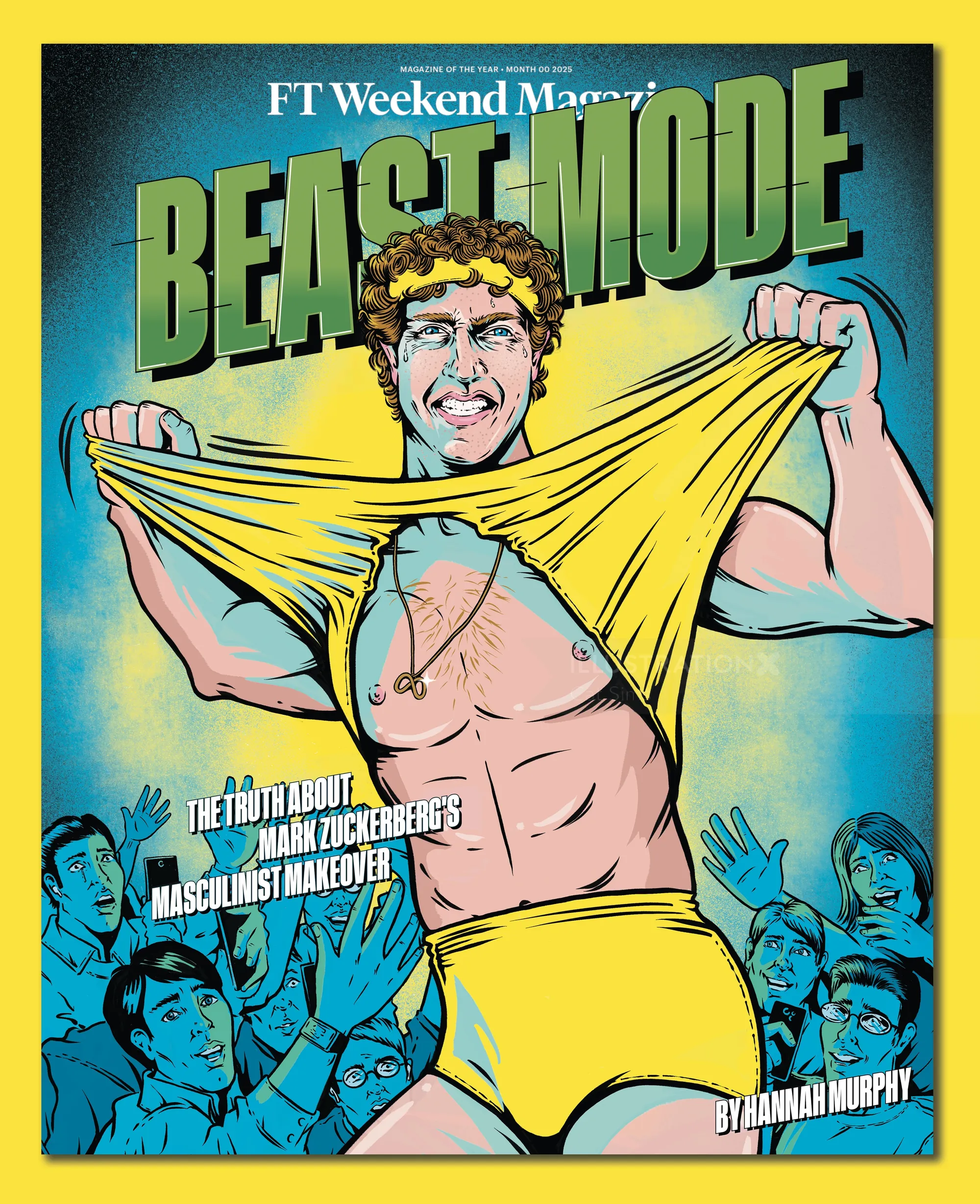 Illustration of a man tearing shirt with crowd cheering by Cat Sims