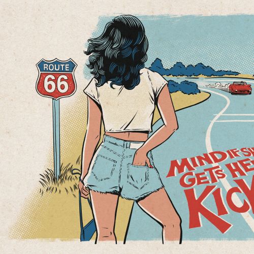 Woman in shorts standing by Route 66 sign with red car on road behind by Cat Sims