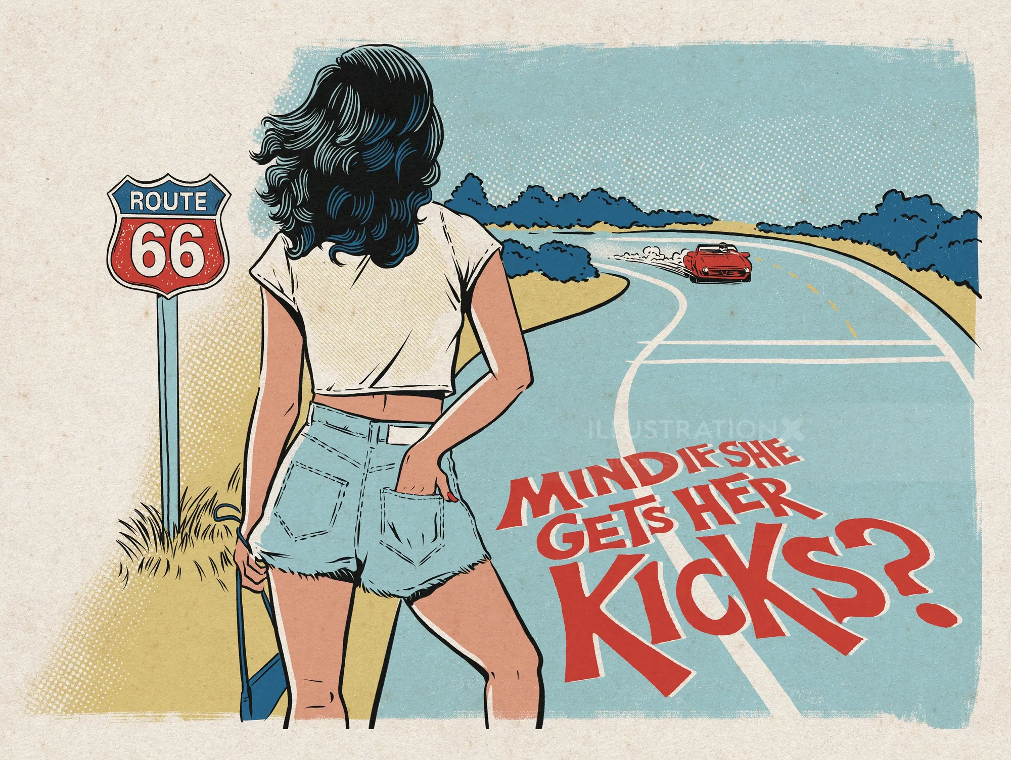 Woman in shorts standing by Route 66 sign with red car on road behind by Cat Sims