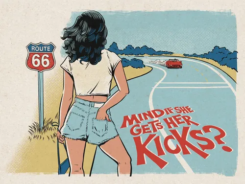 Woman in shorts standing by Route 66 sign with red car on road behind by Cat Sims