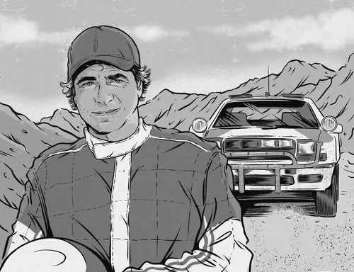 Race car driver holding helmet with off-road vehicle and mountains by Cat Sims