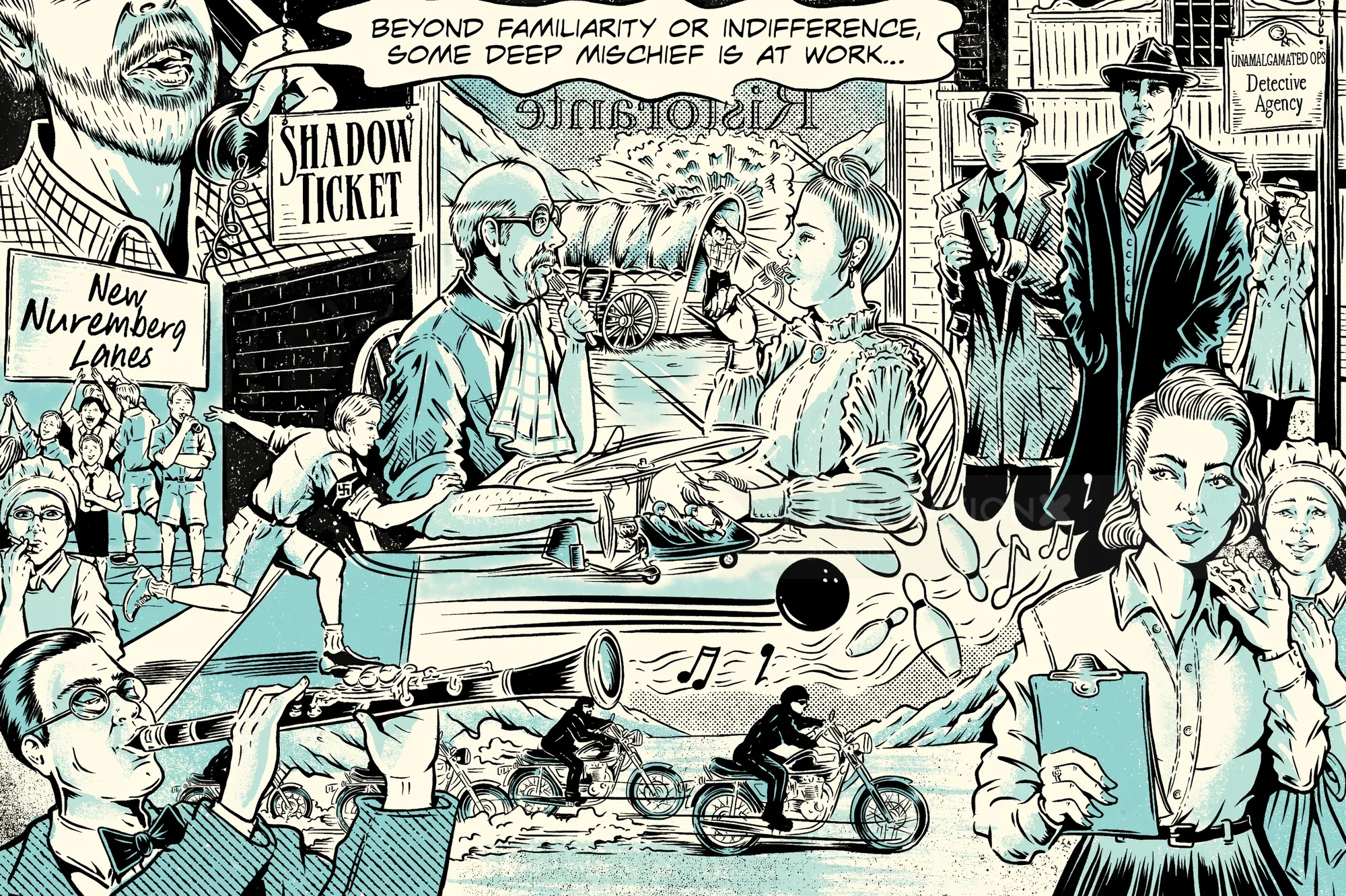 Black and white illustration for Shadow Ticket by Cat Sims