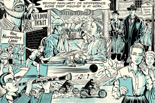 Black and white illustration for Shadow Ticket by Cat Sims