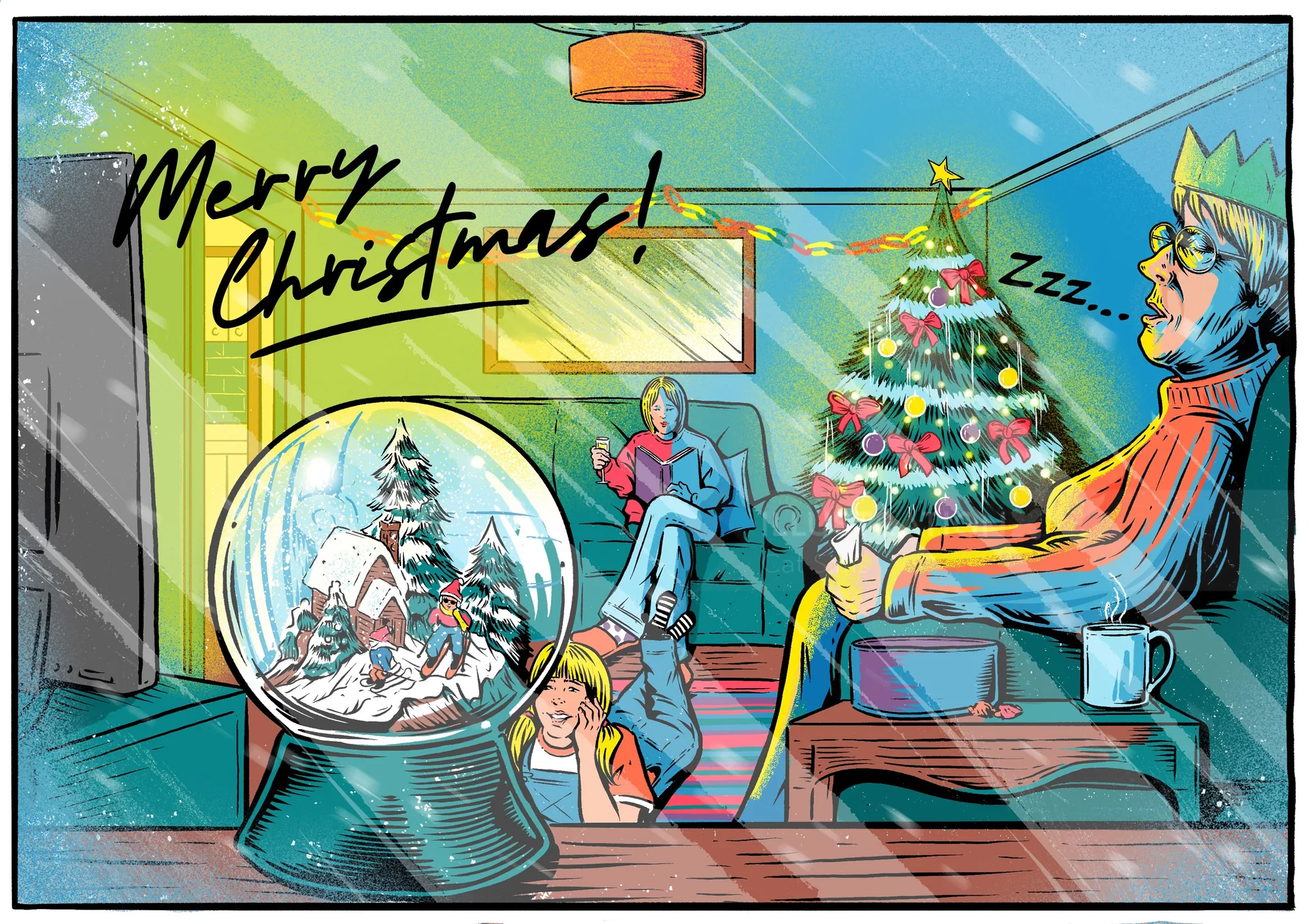 Christmas living room scene with decorated tree and snow globe by Cat Sims