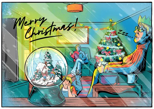 Christmas living room scene with decorated tree and snow globe by Cat Sims
