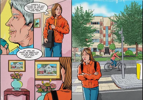 Comic panels depicting conversations and scenes about UK housing crisis by Cat Sims