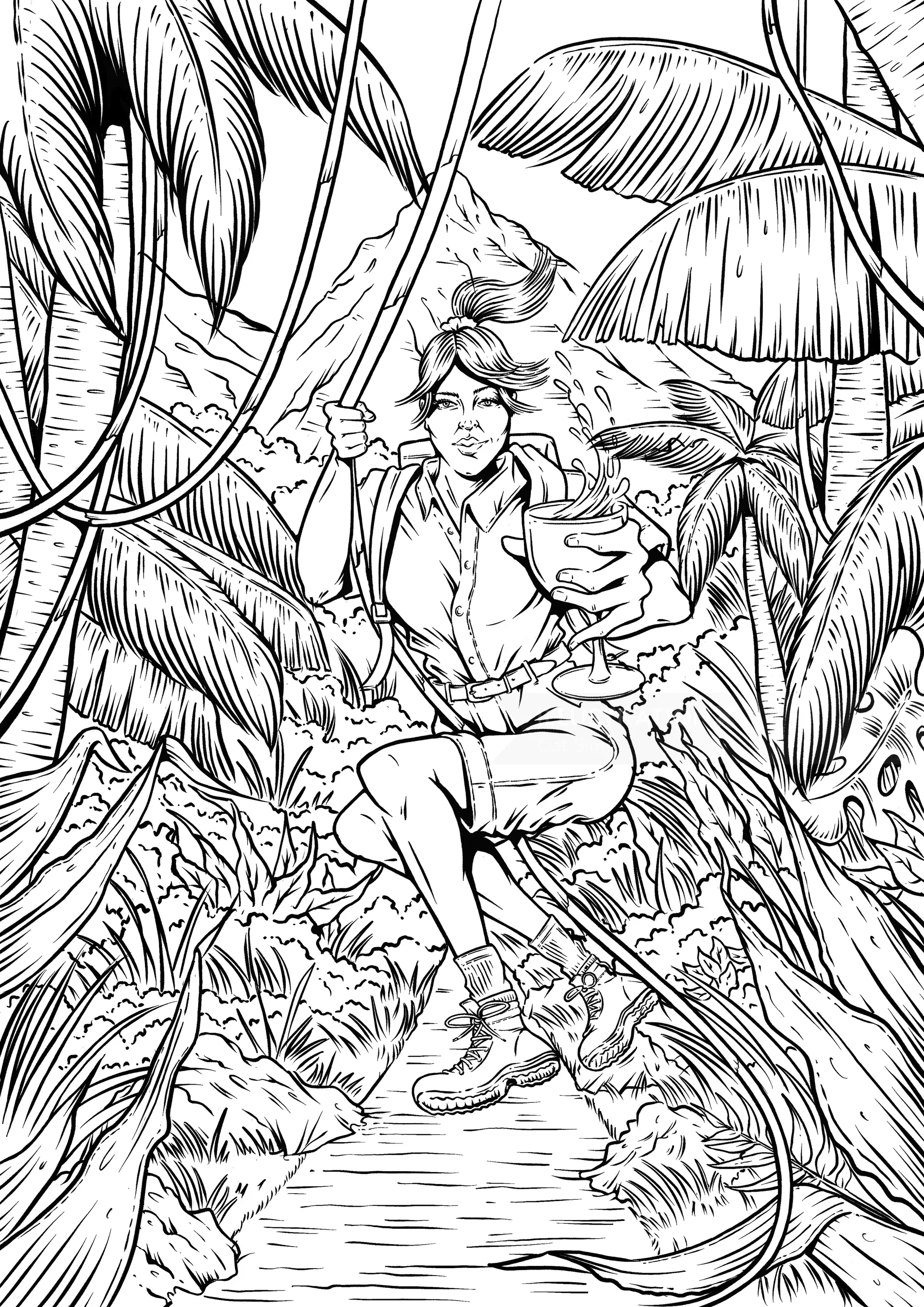 Line art of person navigating dense jungle foliage, by Cat Sims
