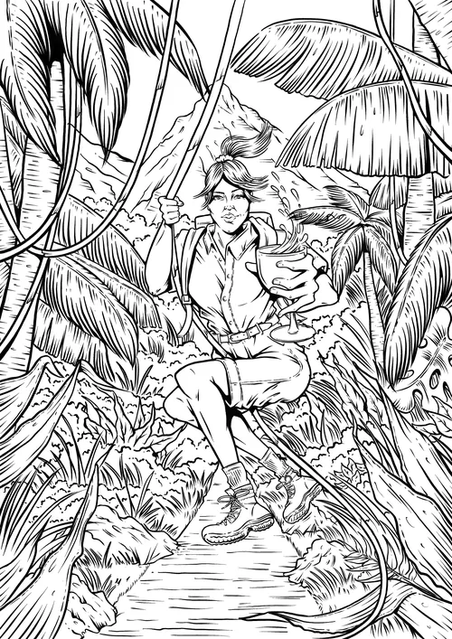 Line art of person navigating dense jungle foliage, by Cat Sims
