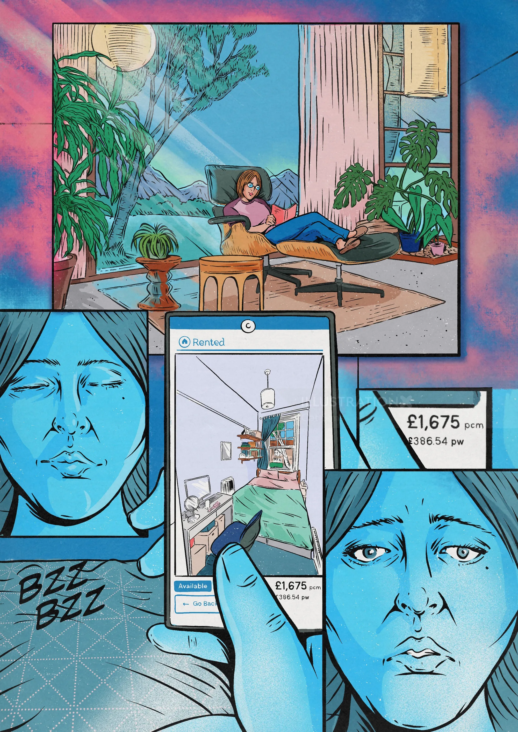 Woman looking at apartment listing on phone with emotional facial expressions by Cat Sims
