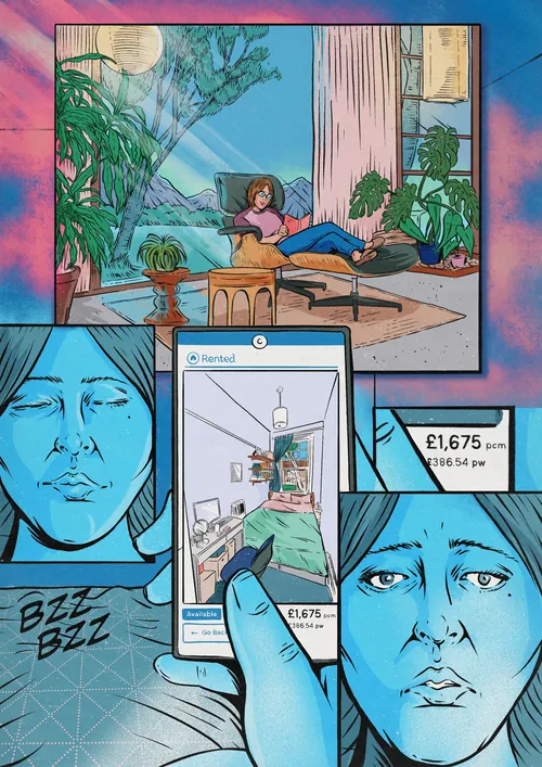 Woman looking at apartment listing on phone with emotional facial expressions by Cat Sims