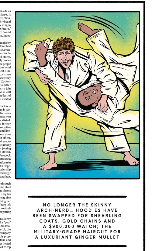 Mark Zuckerberg practicing jujitsu in white gi, illustration by Cat Sims
