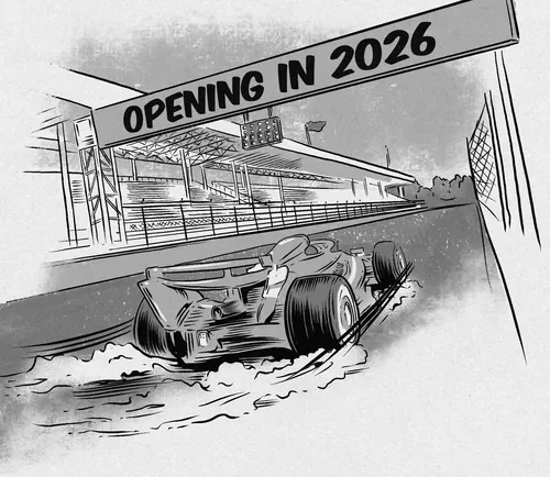 Race car on track with opening in 2026 banner by Cat Sims