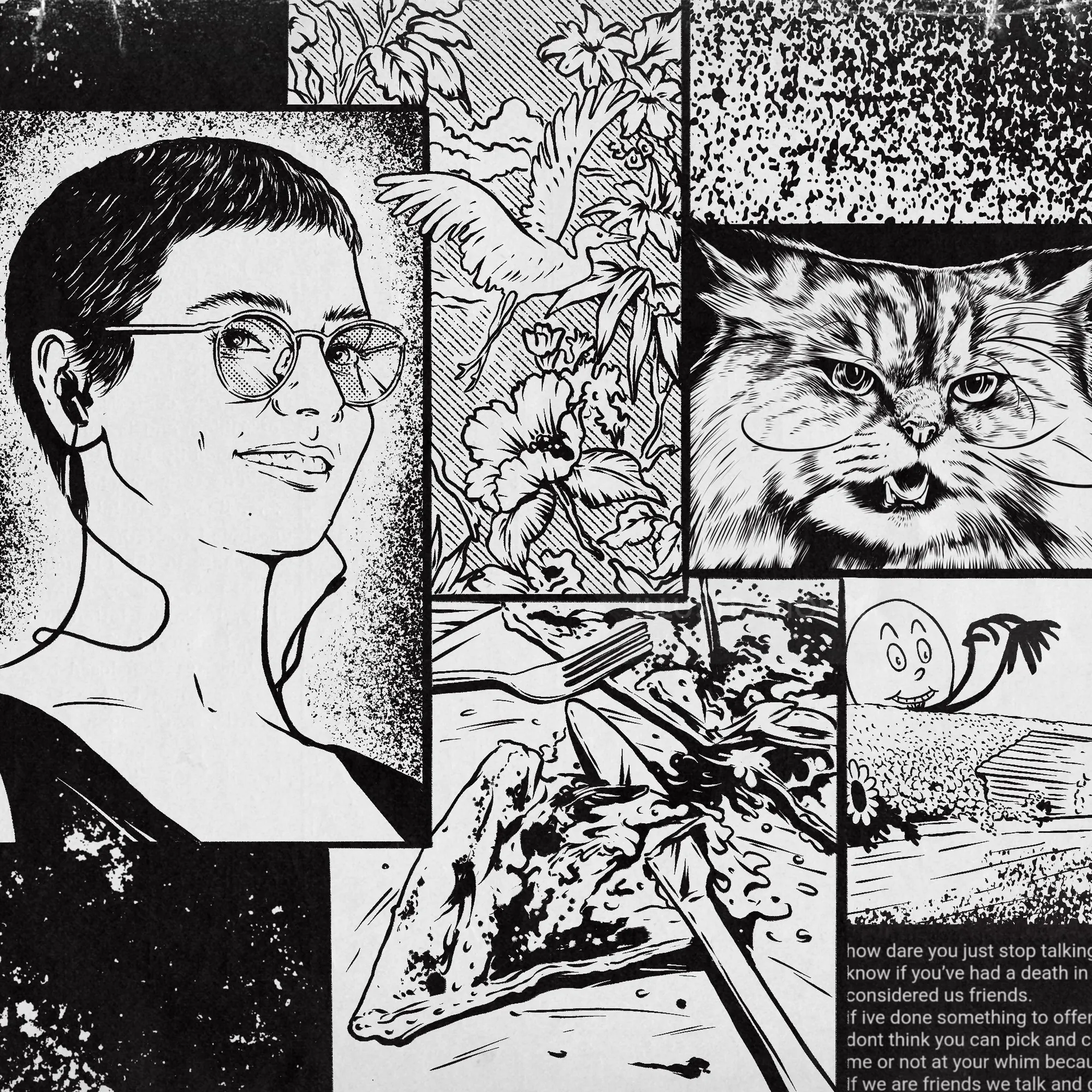 Black and white comic collage with woman, cat, pizza, and text by Cat Sims