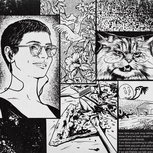 Black and white comic collage with woman, cat, pizza, and text by Cat Sims