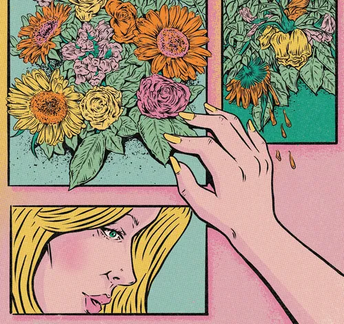 Comic-style floral illustration by Cat Sims showing a woman reaching toward flowers