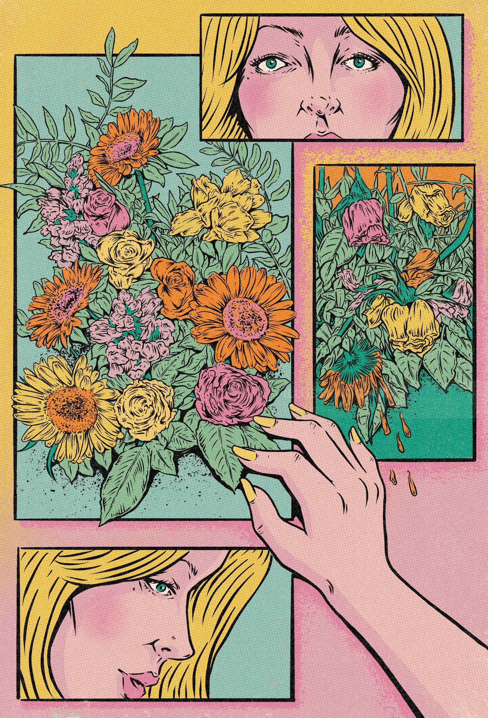Hand holding floral art prints by Cat Sims with sunflowers and roses