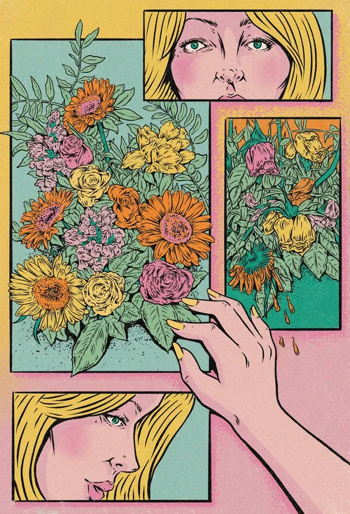 Hand holding floral art prints by Cat Sims with sunflowers and roses