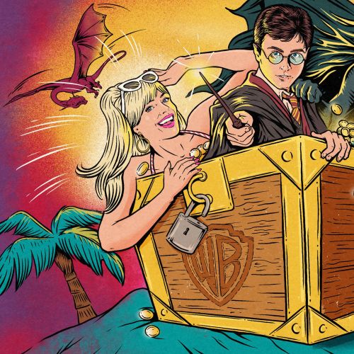 Batman and characters with treasure chest surrounded by bats by Cat Sims