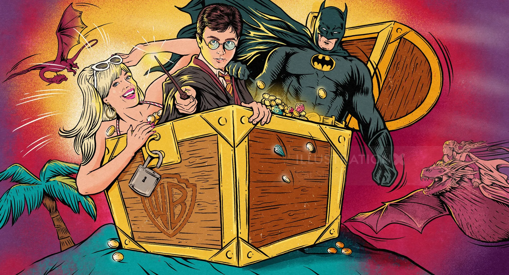Batman and characters with treasure chest surrounded by bats by Cat Sims