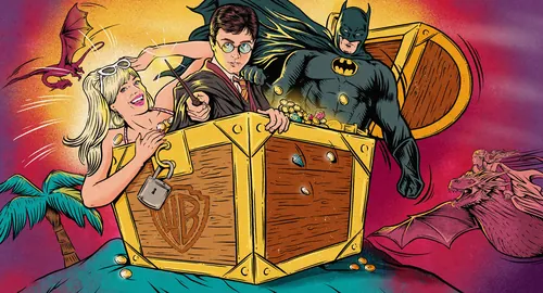 Batman and characters with treasure chest surrounded by bats by Cat Sims