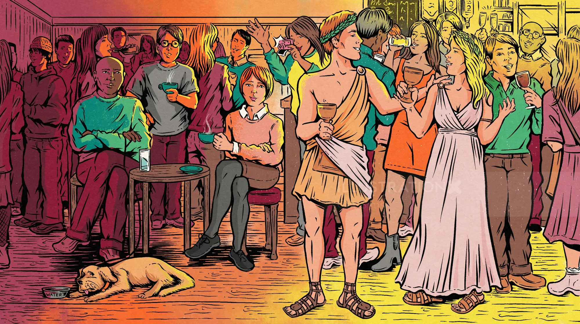 Crowded Party Scene with Dancing and Conversation | Illustration by Cat ...
