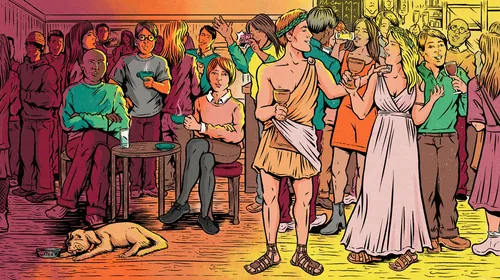 Lively party scene with people dancing and socializing, dog lying on floor by Cat Sims
