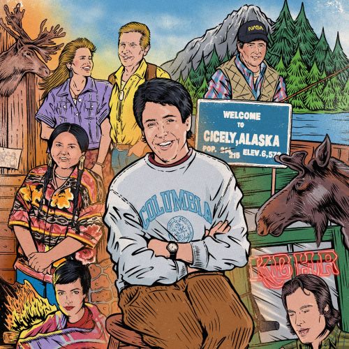 Illustration of people and moose by a Cicely Alaska welcome sign by Cat Sims