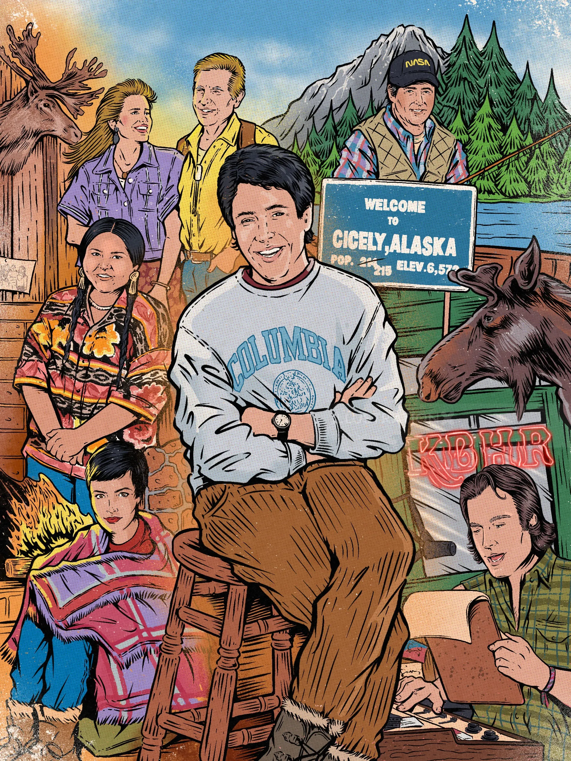 Illustration of people and moose by a Cicely Alaska welcome sign by Cat Sims