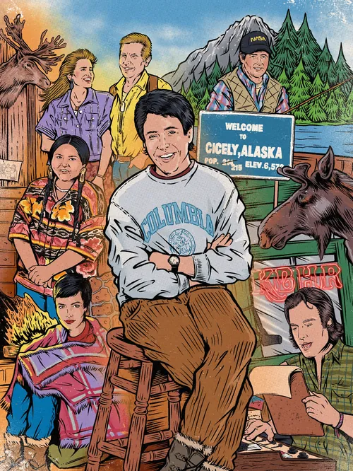 Illustration of people and moose by a Cicely Alaska welcome sign by Cat Sims