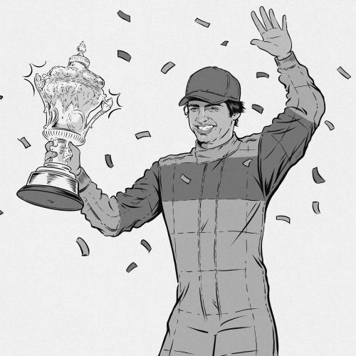 Race car driver holding trophy and waving amid confetti by Cat Sims