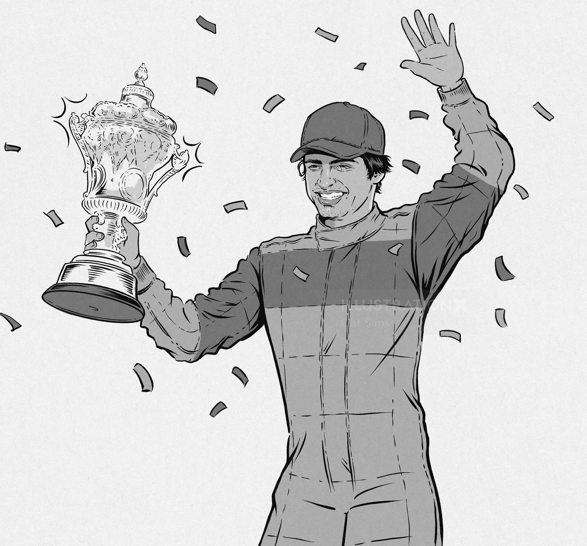 Race car driver holding trophy and waving amid confetti by Cat Sims