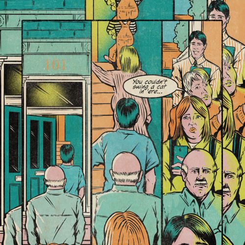 Comic panel depicting people queuing amid UK housing crisis, by Cat Sims
