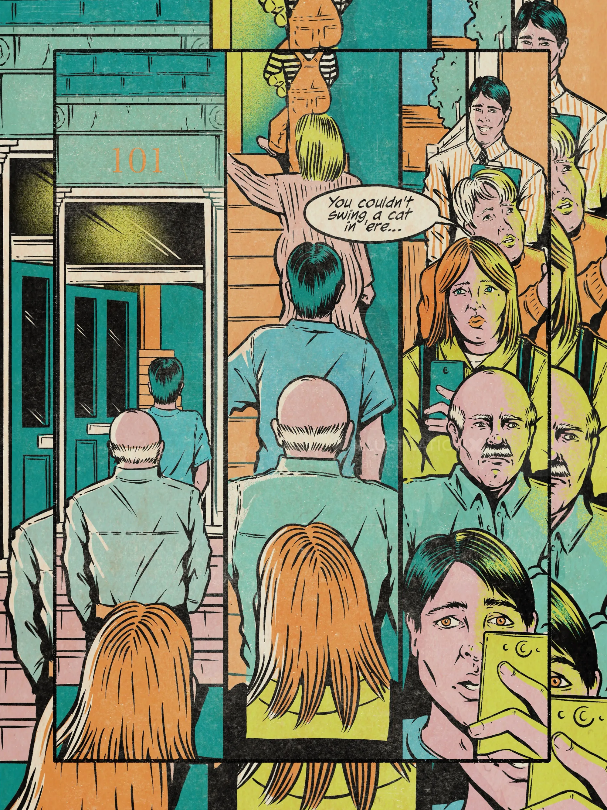 Comic panel depicting people queuing amid UK housing crisis, by Cat Sims