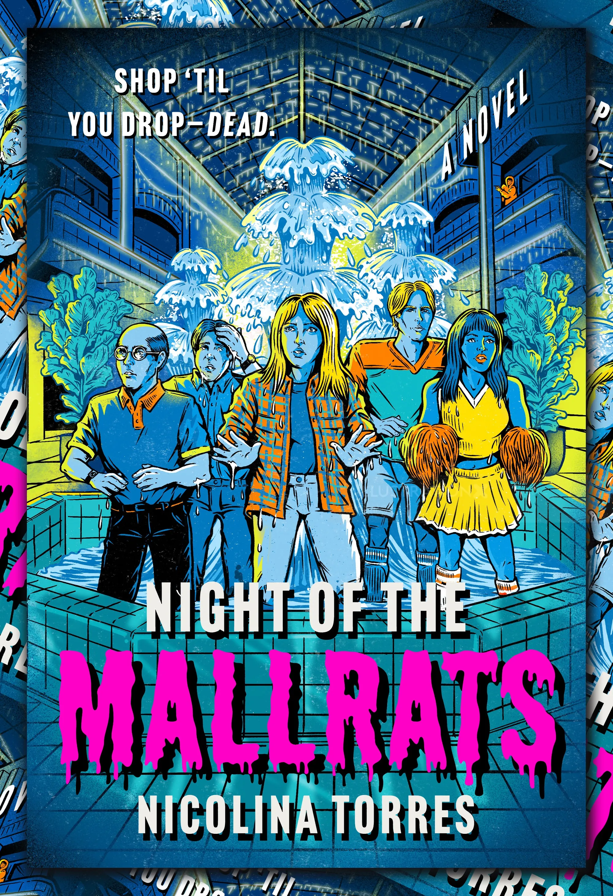 Book cover illustration by Cat Sims showing six characters in a mall setting