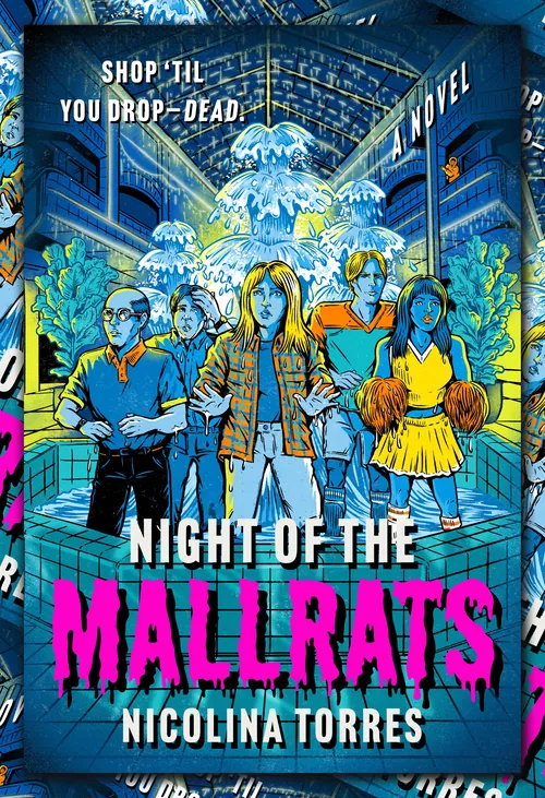 Book cover illustration by Cat Sims showing six characters in a mall setting