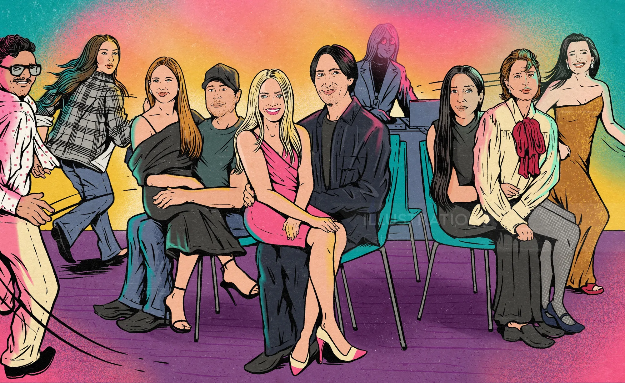 Colored illustration of group sitting on chairs by Cat Sims