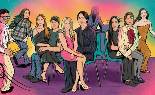 Colored illustration of group sitting on chairs by Cat Sims