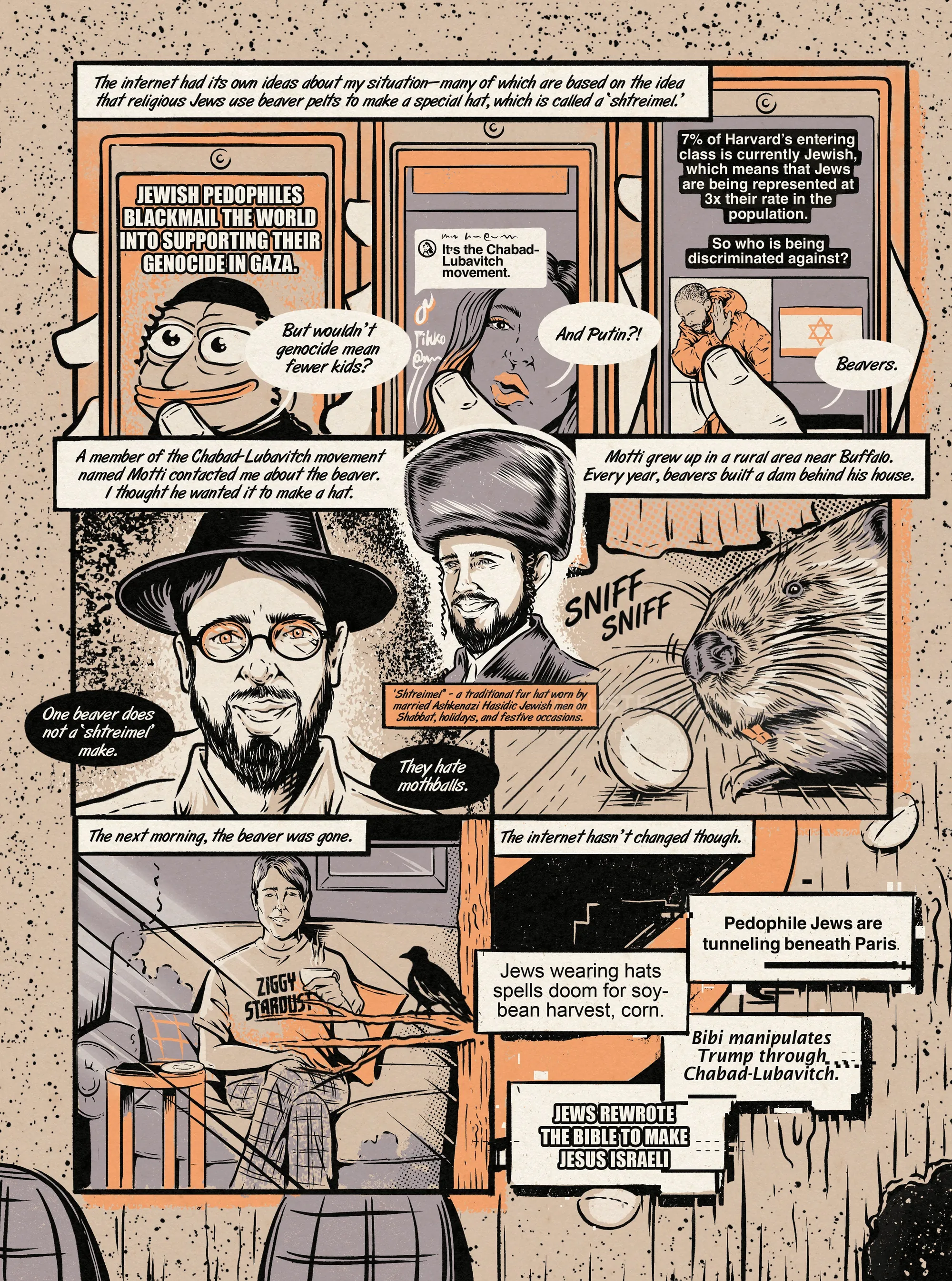 Comic strip with characters discussing Jewish and Holocaust themes by Cat Sims