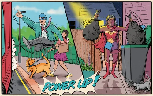 Superhero woman lifting heavy trash bags as man and girl with dog pass by, art by Cat Sims