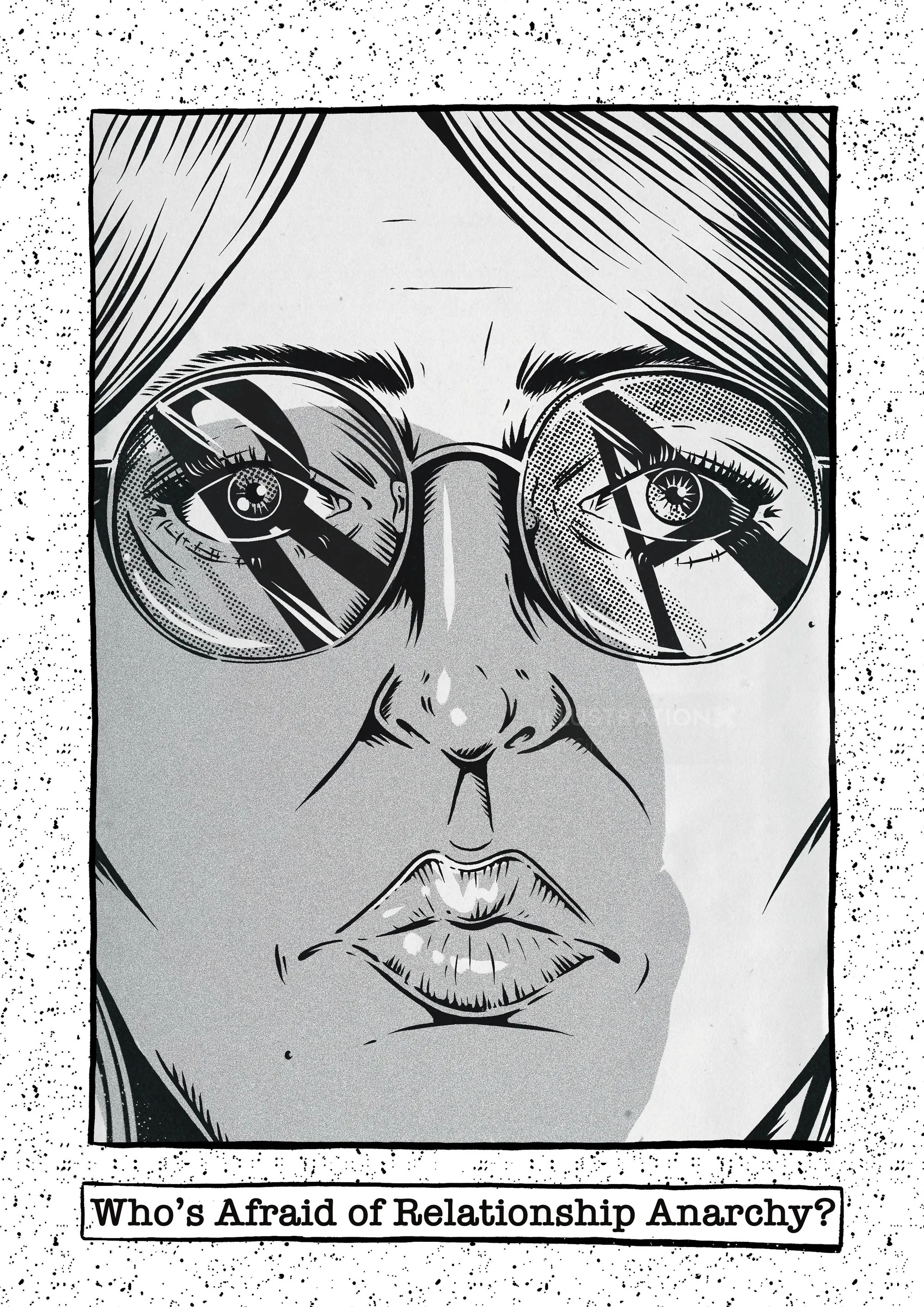 Black and white portrait of person wearing reflective glasses by Cat Sims