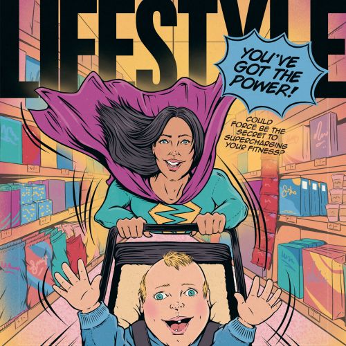 Supermom with cape pushing baby in stroller in a colorful supermarket aisle by Cat Sims