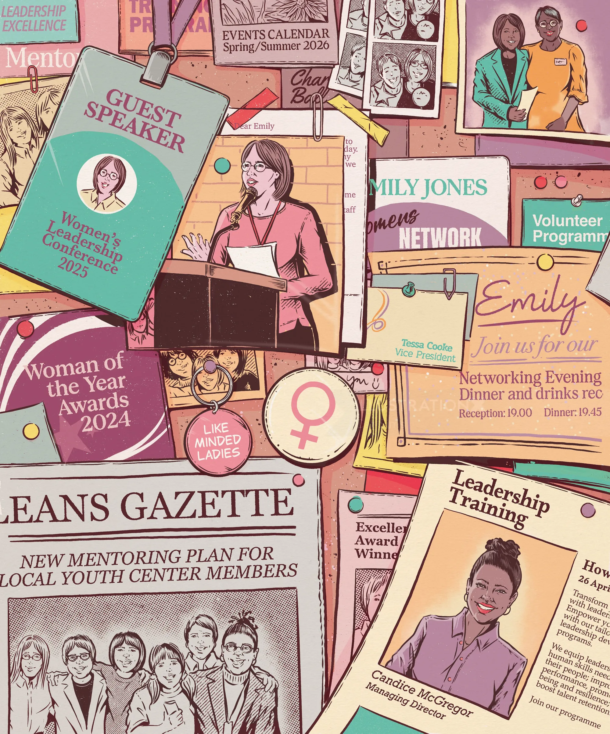Collage of community flyers and newsletters by Cat Sims